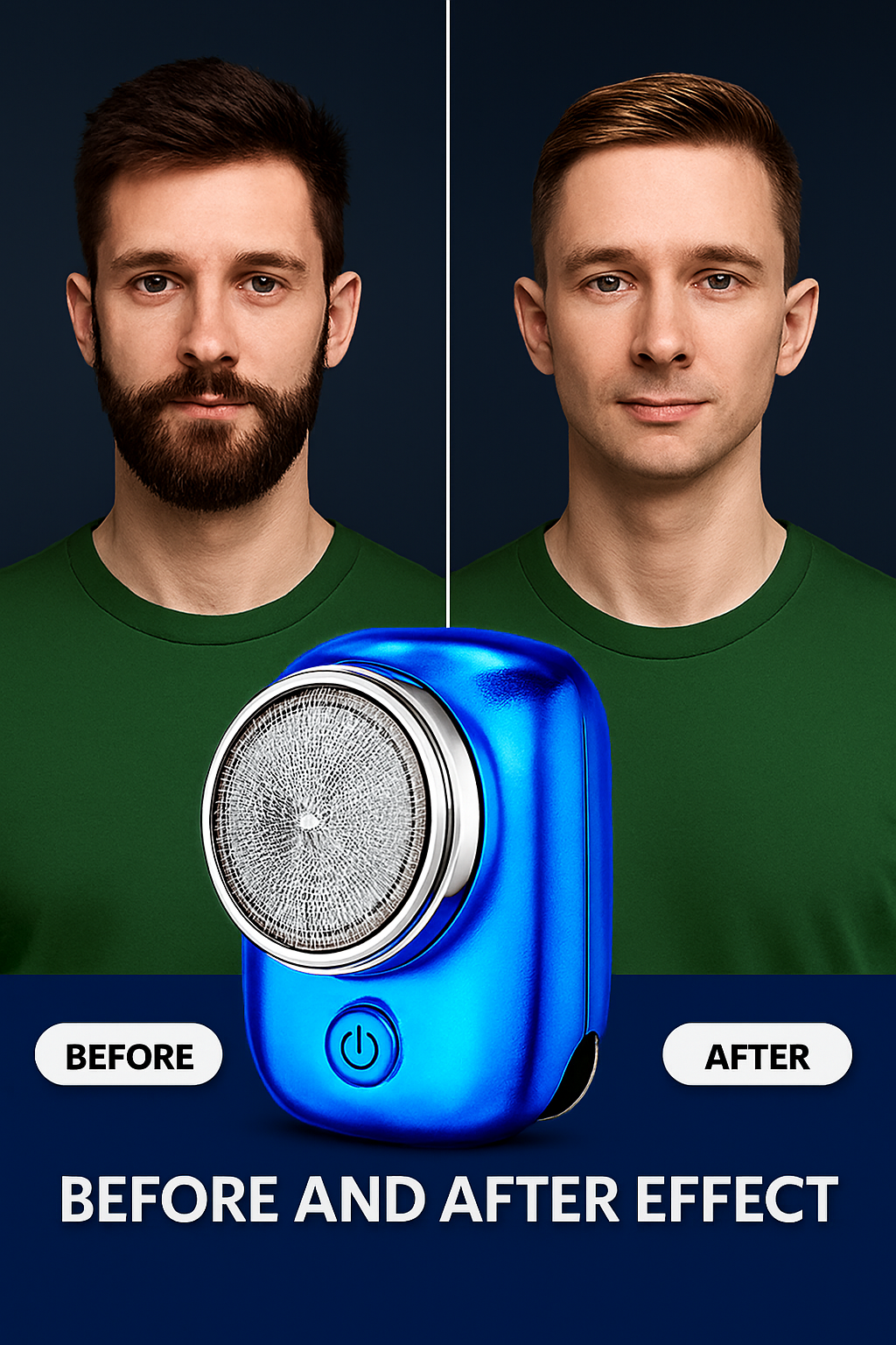 Before and after effect of a beard trimmer on a person with a beard.